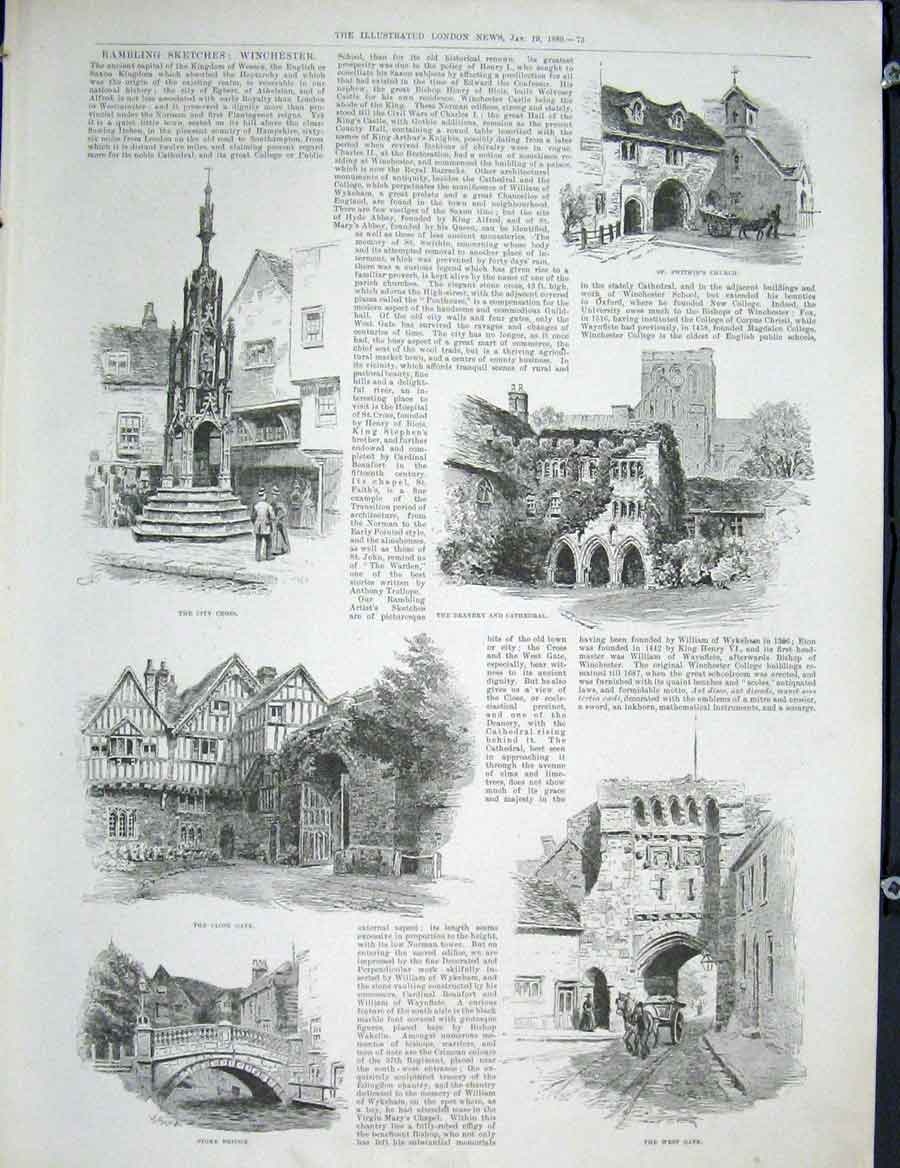 Old Antique Print Winchester Wessex Swithin'S Church Cathedral Stoke 1889 19th