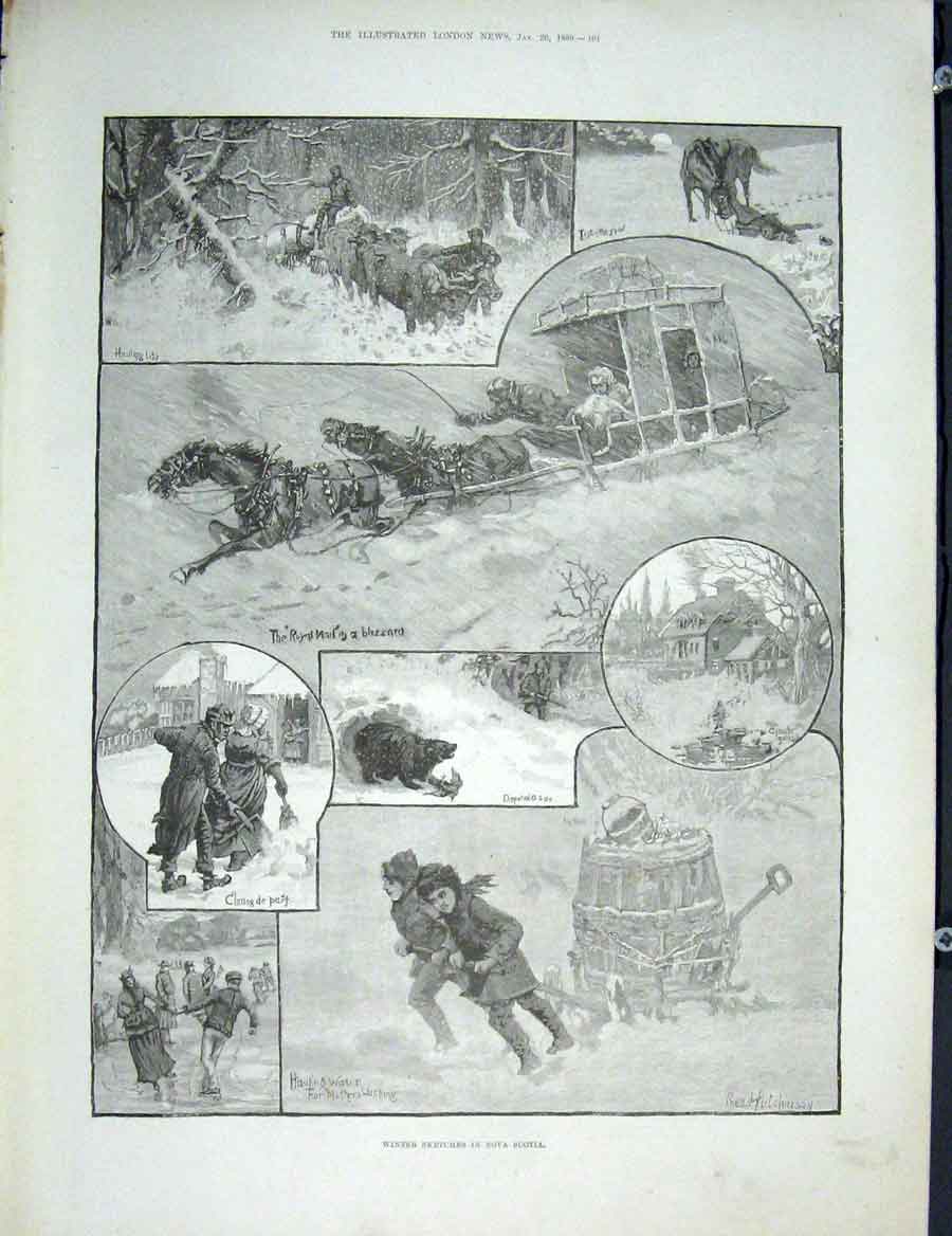 Original Old Antique Print Nova Scotia Canada Winter Sketch 1889 19th