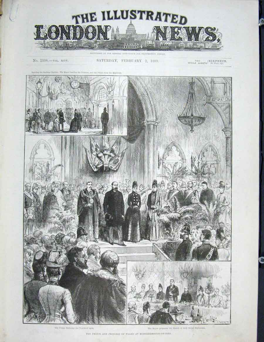 Original Old Antique Print Middlesbrough-On-Tees Middlesbrough Vaughan Monument