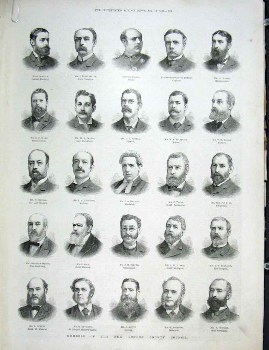 Original Old Antique Print Portrait London County Council 1889 19th