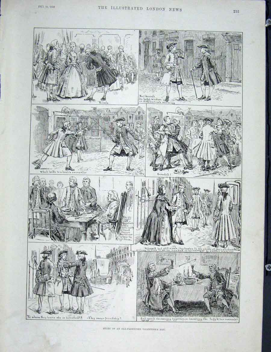 Original Old Antique Print Valentine'S Day Fashioned Valentine