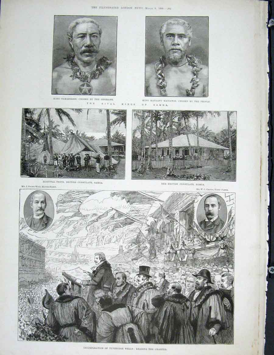 Original Old Antique Print Portrait King Samoa Hospital Tunbridge Wells 1889