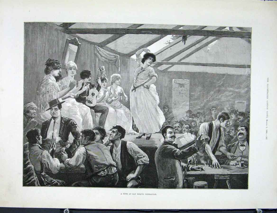 Original Old Antique Print Fete San Roque Gibralatar 1889 19th Century