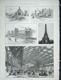 Original Old Antique Print Paris Exhibition Gallery Machines Eiffel Tower Palace