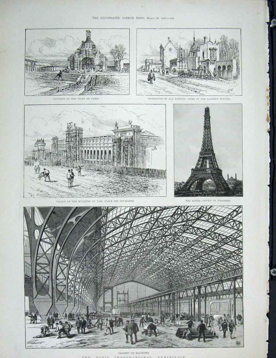 Original Old Antique Print Paris Exhibition Gallery Machines Eiffel Tower Palace