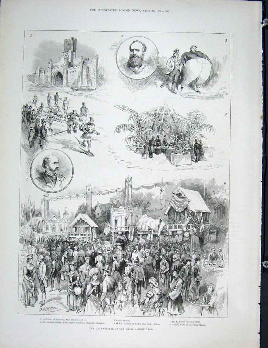 Old Antique Print Ice Carnival Royal Albert Hall Tibbits Bazaar Race 1889 19th