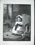 Original Old Antique Print Grandmother Salmon Child Kitten Fine Art 1889 19th