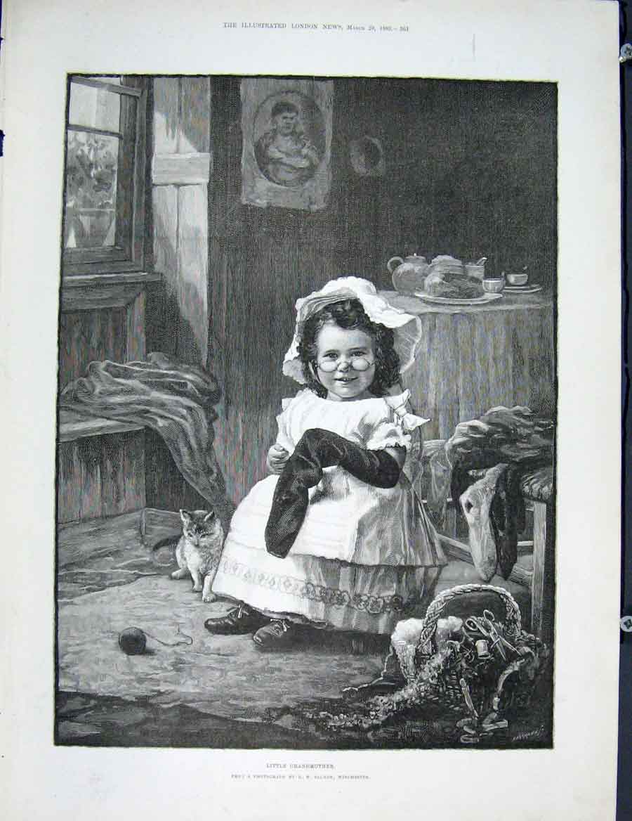 Original Old Antique Print Grandmother Salmon Child Kitten Fine Art 1889 19th
