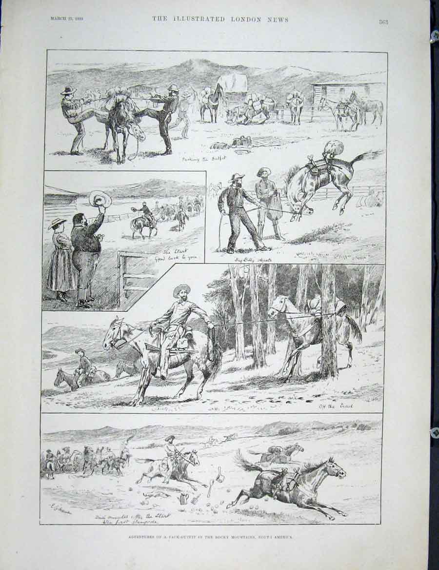 Original Old Antique Print Rocky Mountains America Pack-Outfit Camp