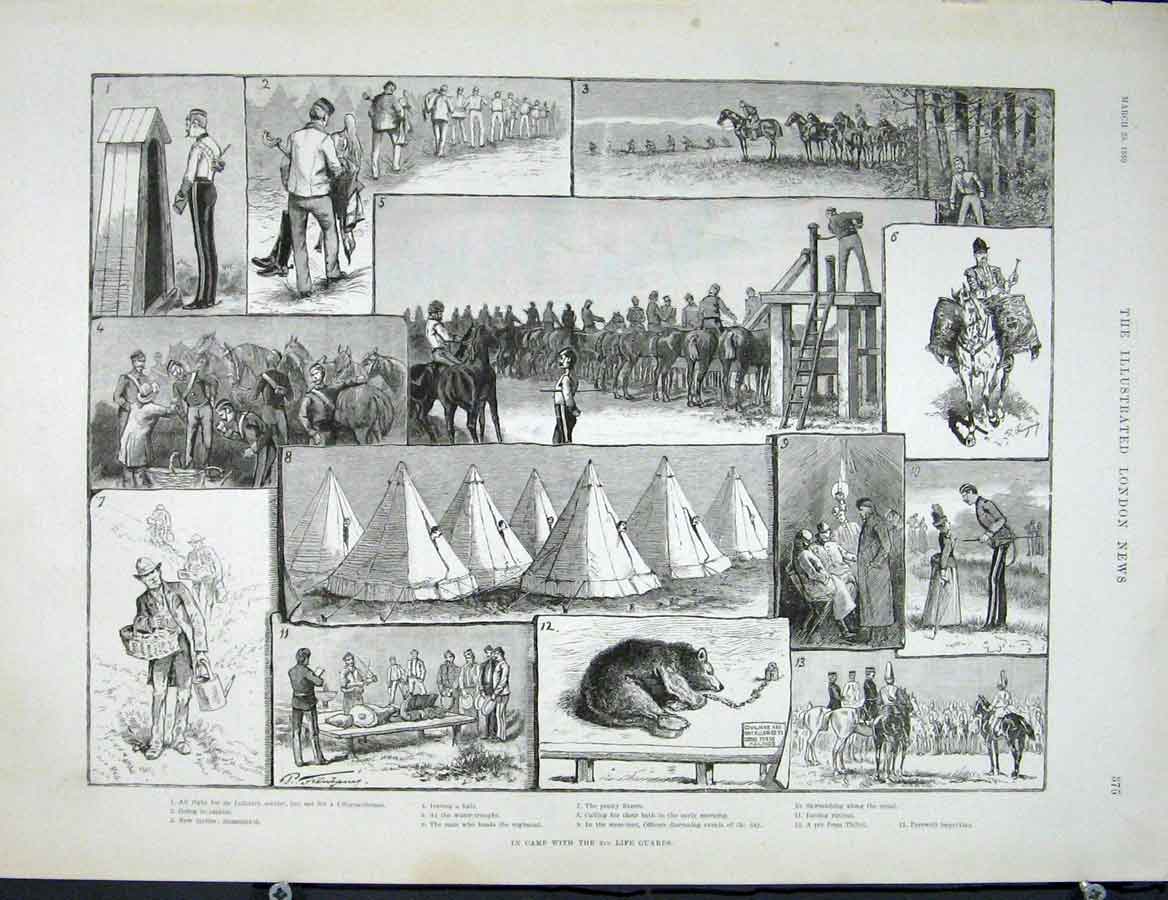 Original Old Antique Print Life Guards Camp Troops Fine Art 1889 19th