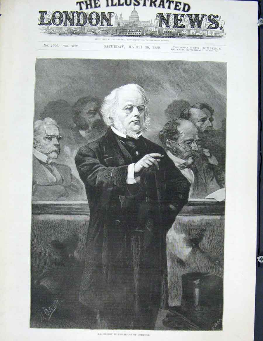 Original Old Antique Print Bright Portrait House Commons 1889 19th