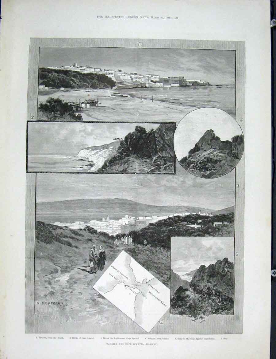Original Old Antique Print Tangier Cape Spartel Morocco Africa Lighthouse 1889