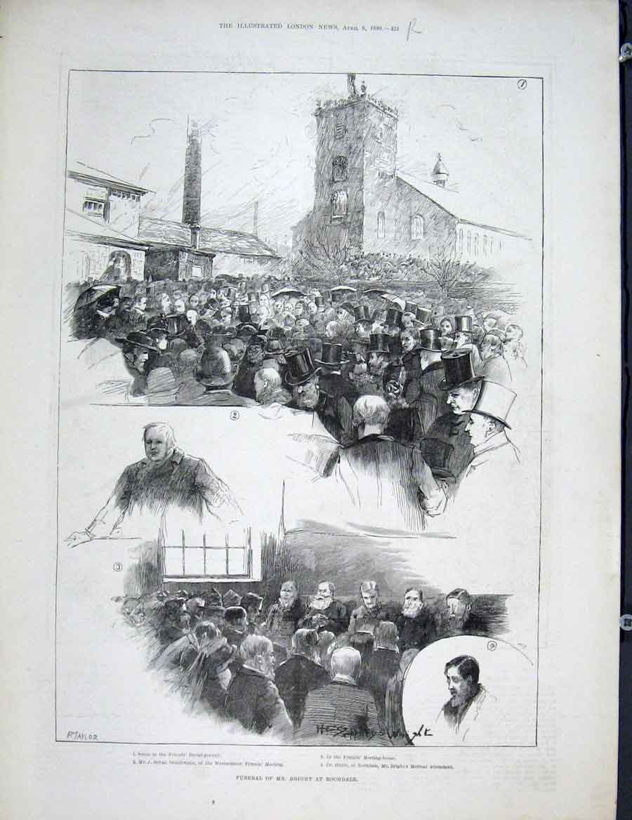 Original Old Antique Print Bright Funeral Rochdale 1889 19th Century