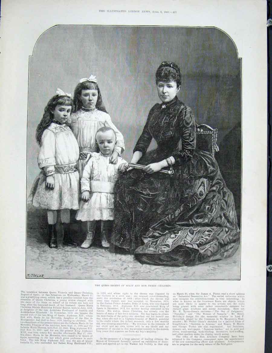 Original Old Antique Print Spain Queen Regent Children Fine Art 1889 Victorian