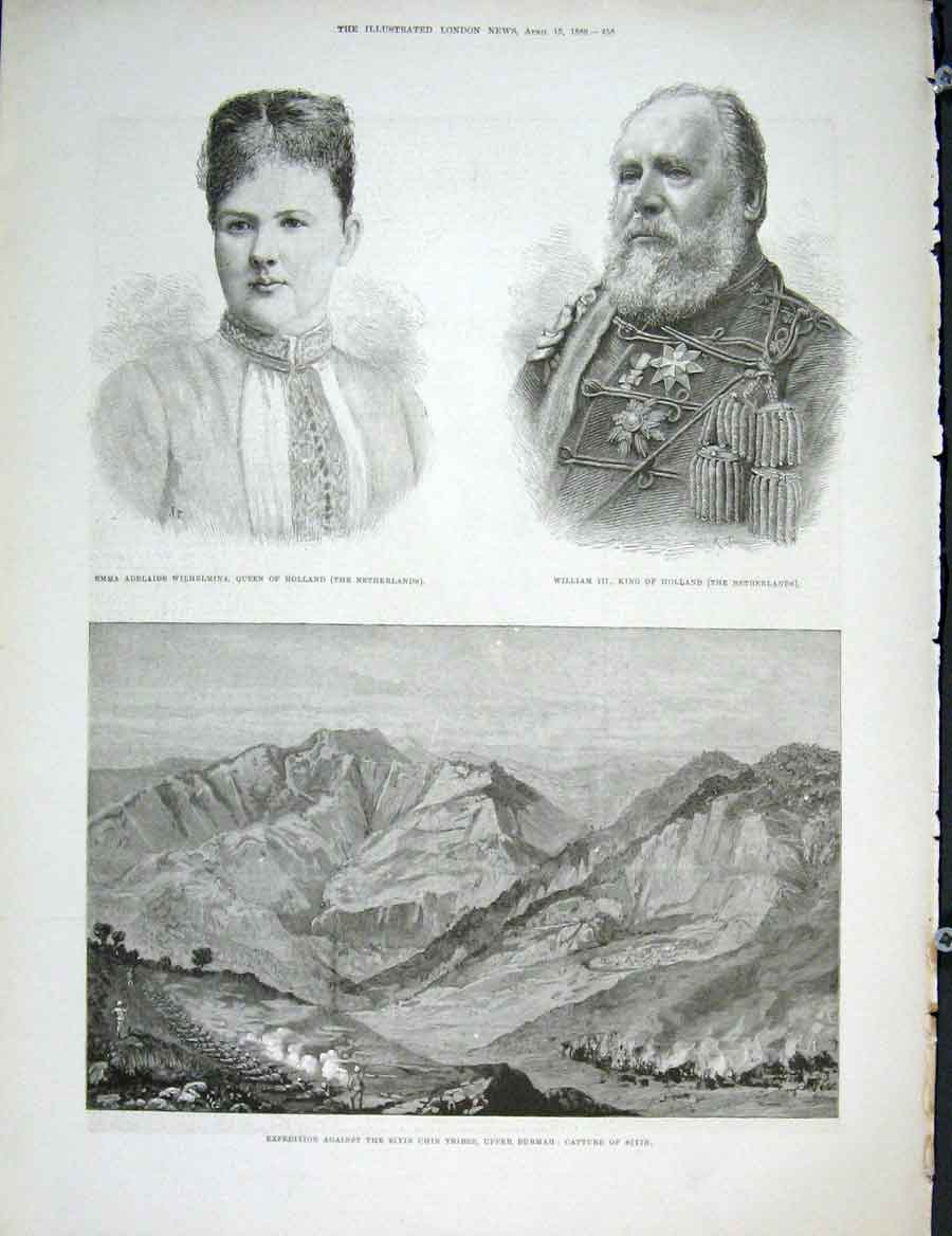 Original Old Antique Print Wilhelmina Holland King Queen Siyin Chin Burmah India