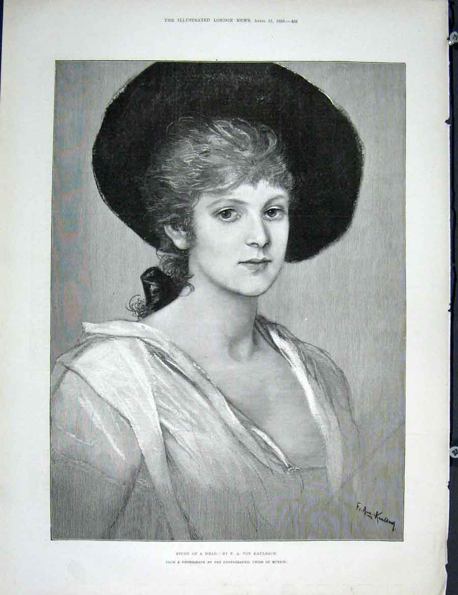 Original Old Antique Print Head Study Von Kaulbach Fine Art 1889 19th