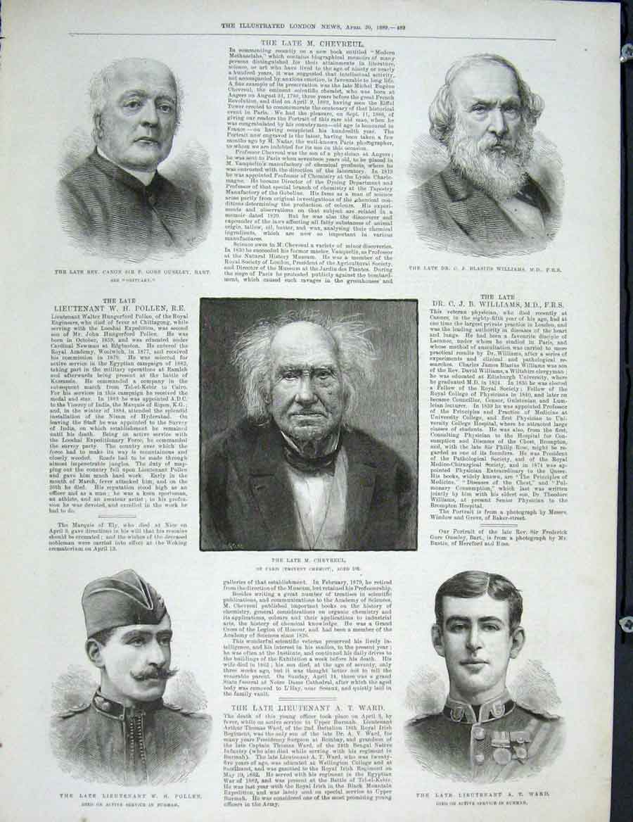 Original Old Antique Print Portrait Chevreul Ouseley Williams Pollen Ward 1889