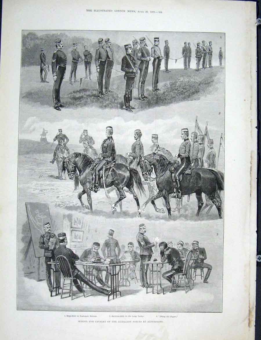Original Old Antique Print Cavalry School Aldershott Auxillary Forces 1889 19th