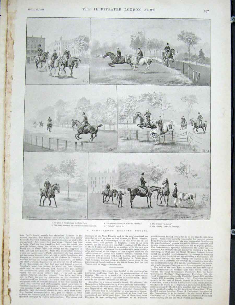 Original Old Antique Print Horses Schoolboys Hyde Park London 1889 Victorian