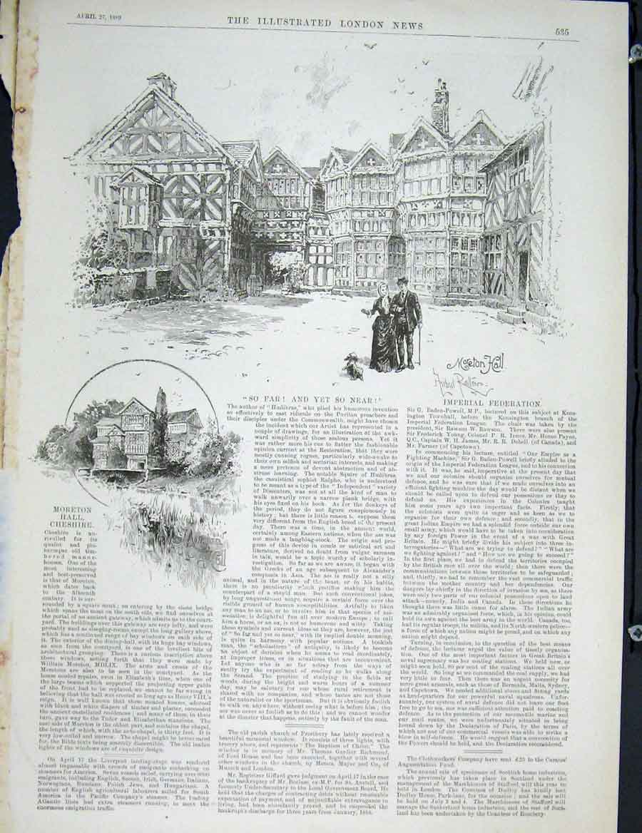 Original Old Antique Print Moreton Hall Cheshire Fine Art 1889 19th