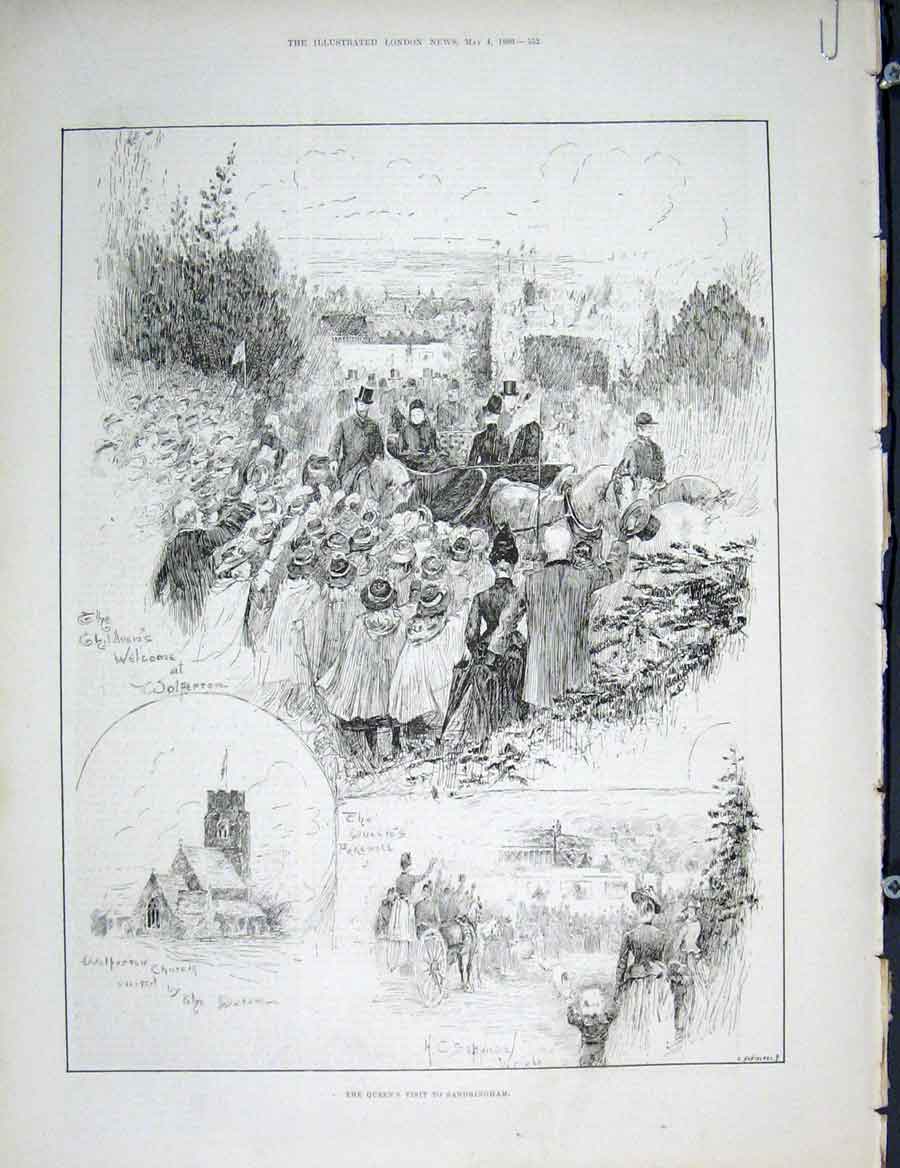 Original Old Antique Print Sandringham Queen Visit Sketch 1889 19th