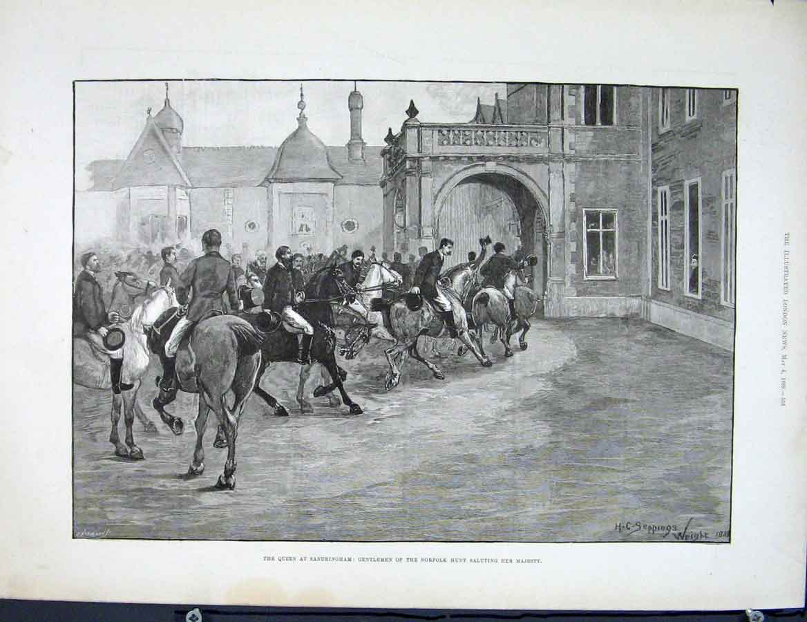 Original Old Antique Print Queen Sandringham Norfolk Hunt Gentlemen
