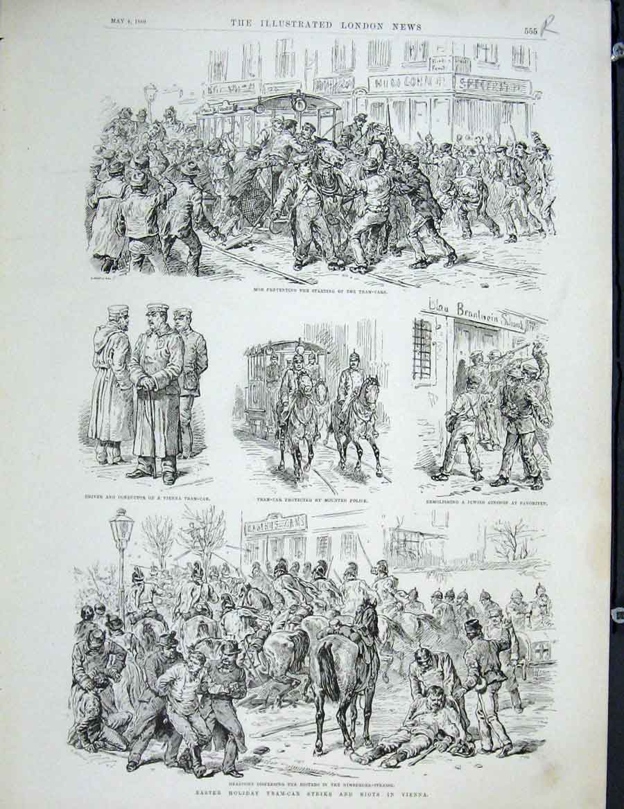 Original Old Antique Print Tram Car Strike Vienna Yeomen Buckingham Palace 1889