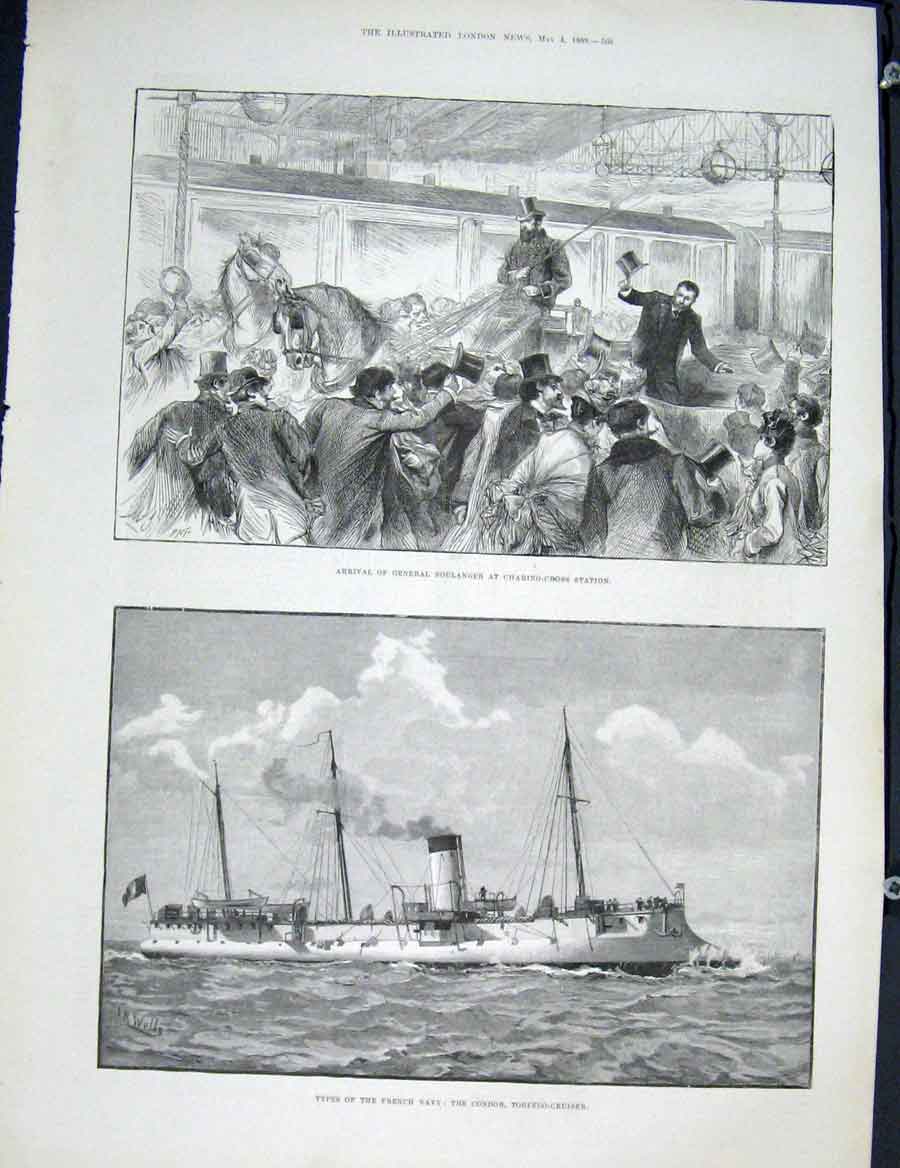 Old Antique Print Boulanger Charing Cross Station French Navy Condor 1889 19th