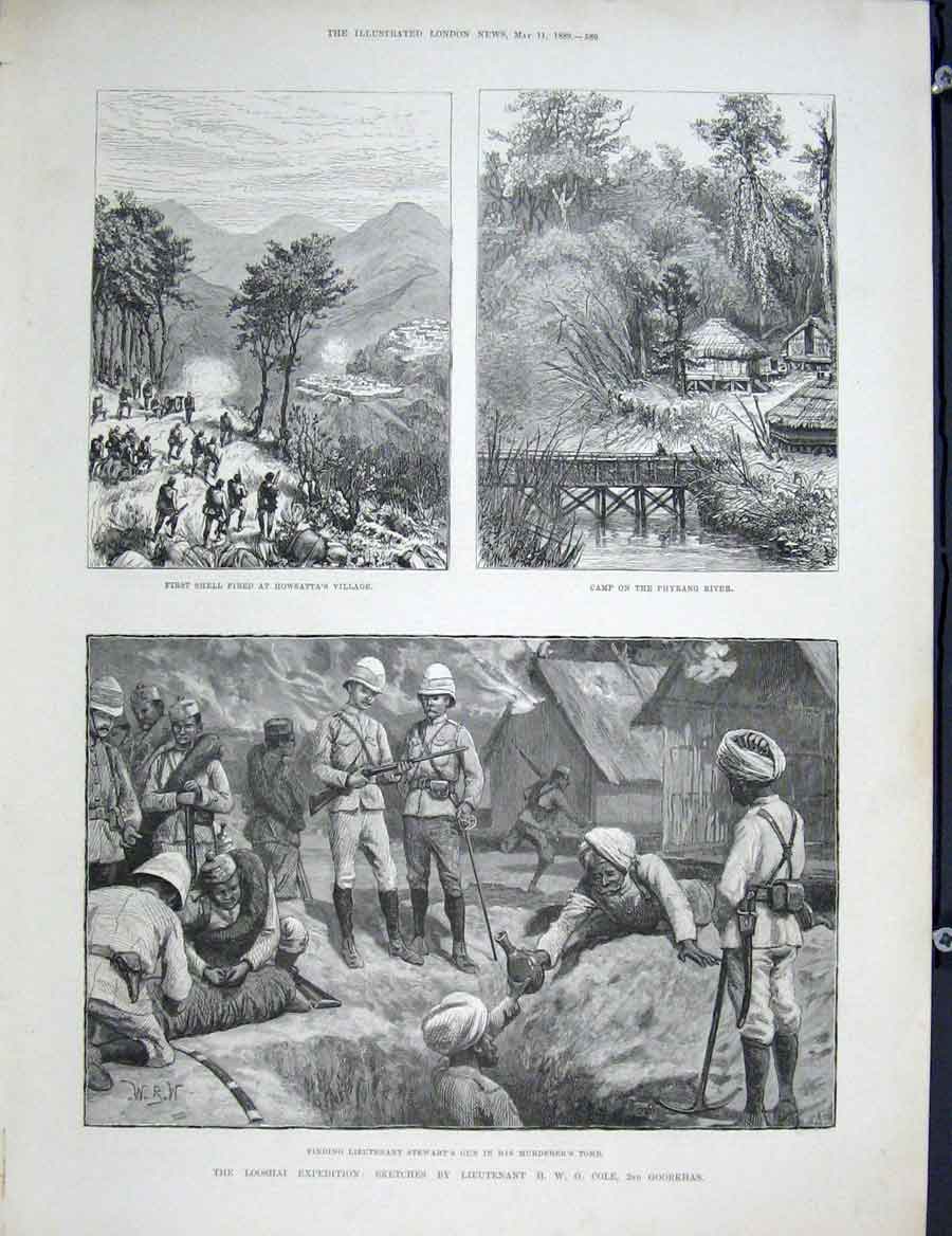 Original Old Antique Print Looshai India Cole Sketches Phyrang River 1889 19th