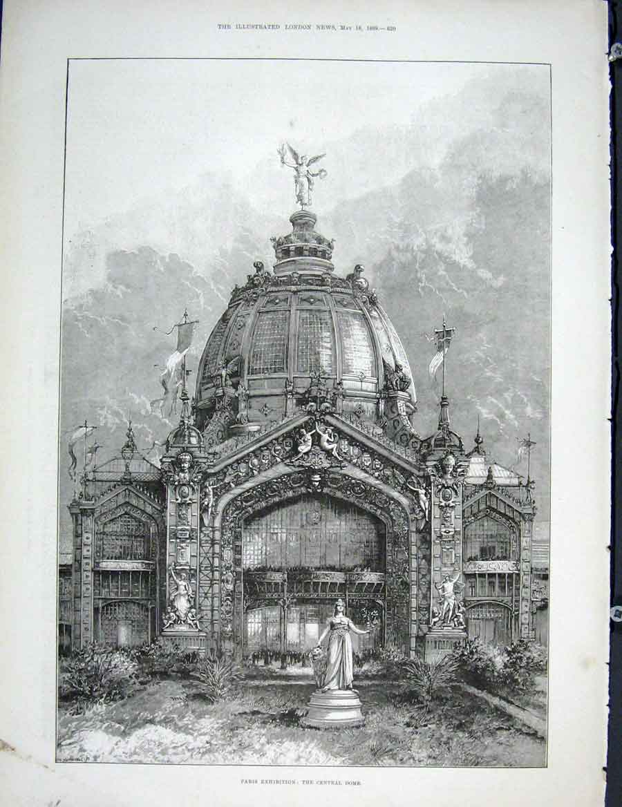 Original Old Antique Print Paris Exhibition Central Dome London 1889 Victorian