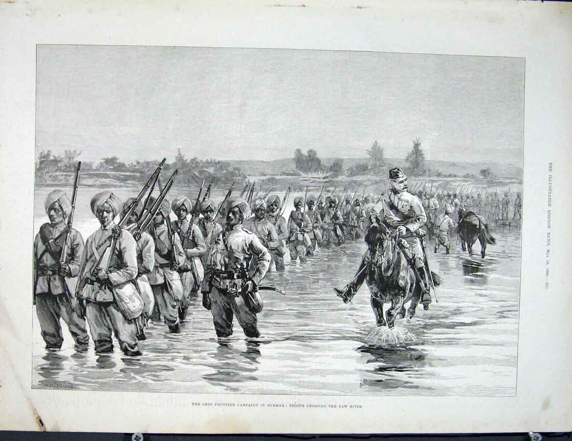 Original Old Antique Print Chin Frontier Burmah Yaw River Troops