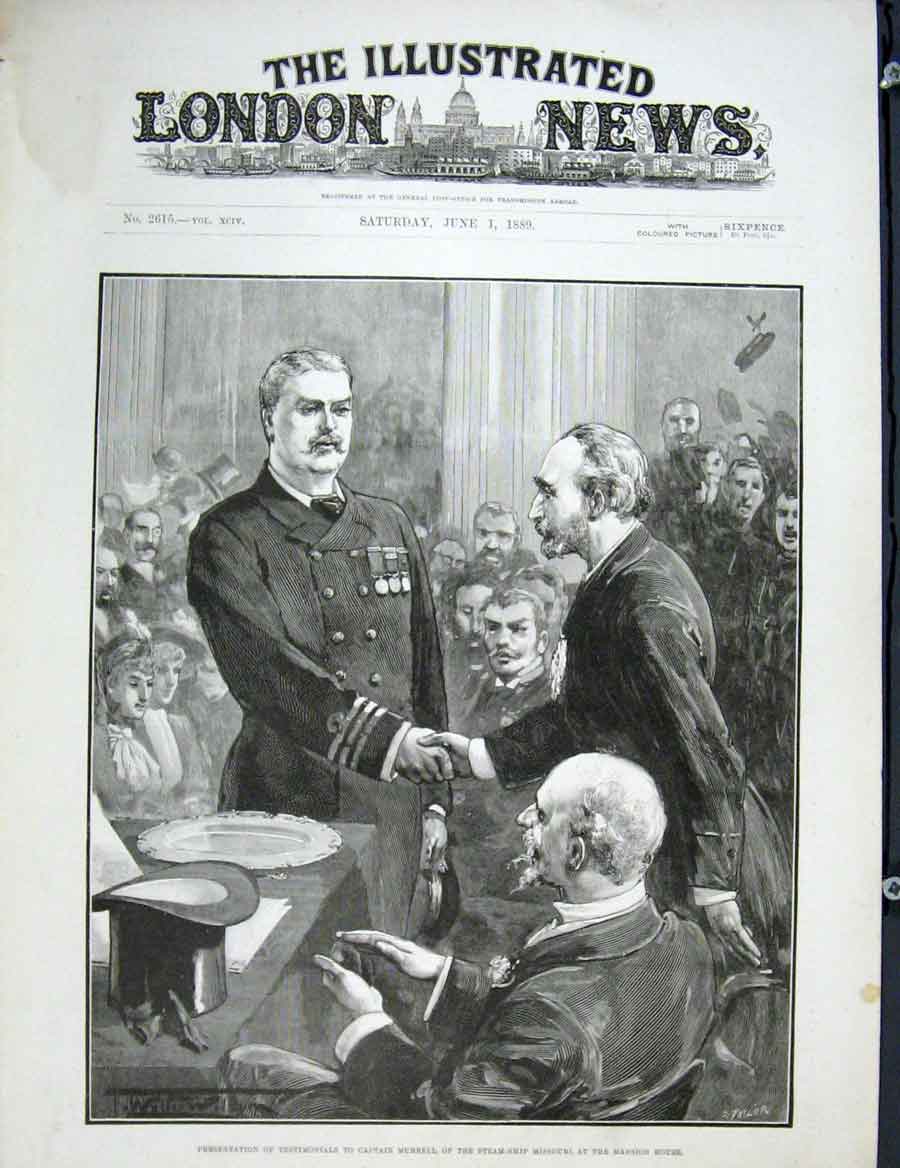 Original Old Antique Print Murrell Steam Ship Missouri Mansion House London 1889