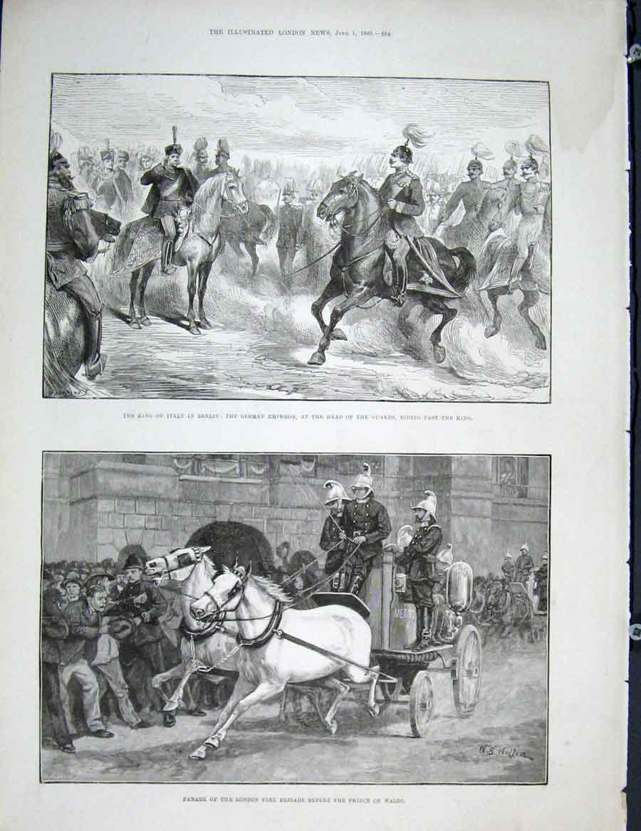 Original Old Antique Print Italy King Berlin German Emperor London Fire Brigade
