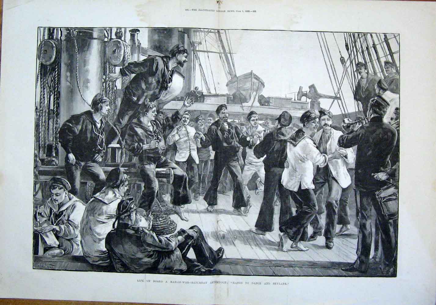 Original Old Antique Print Man-Of-War Man War Ship Boat Skylark Dance 1889 19th