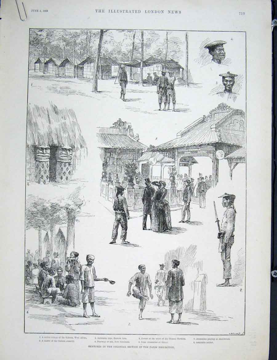 Old Antique Print Paris Exhibition Sketches Colonial Pavilion War Machine