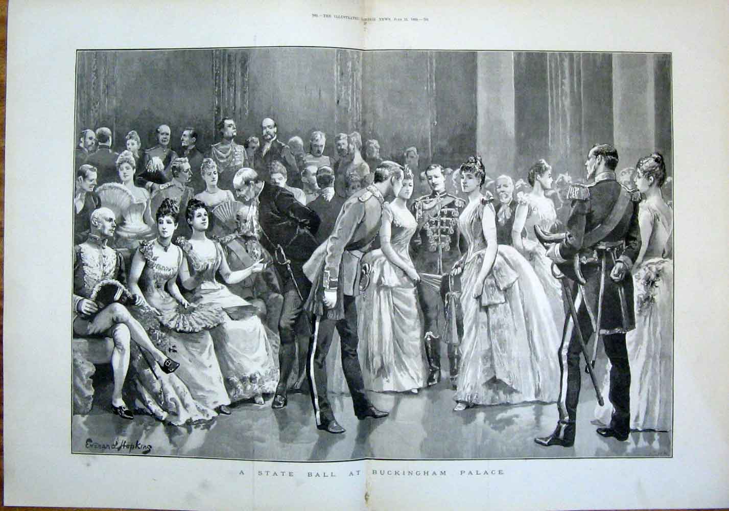 Original Old Antique Print State Ball Buckingham Palace London England 1889