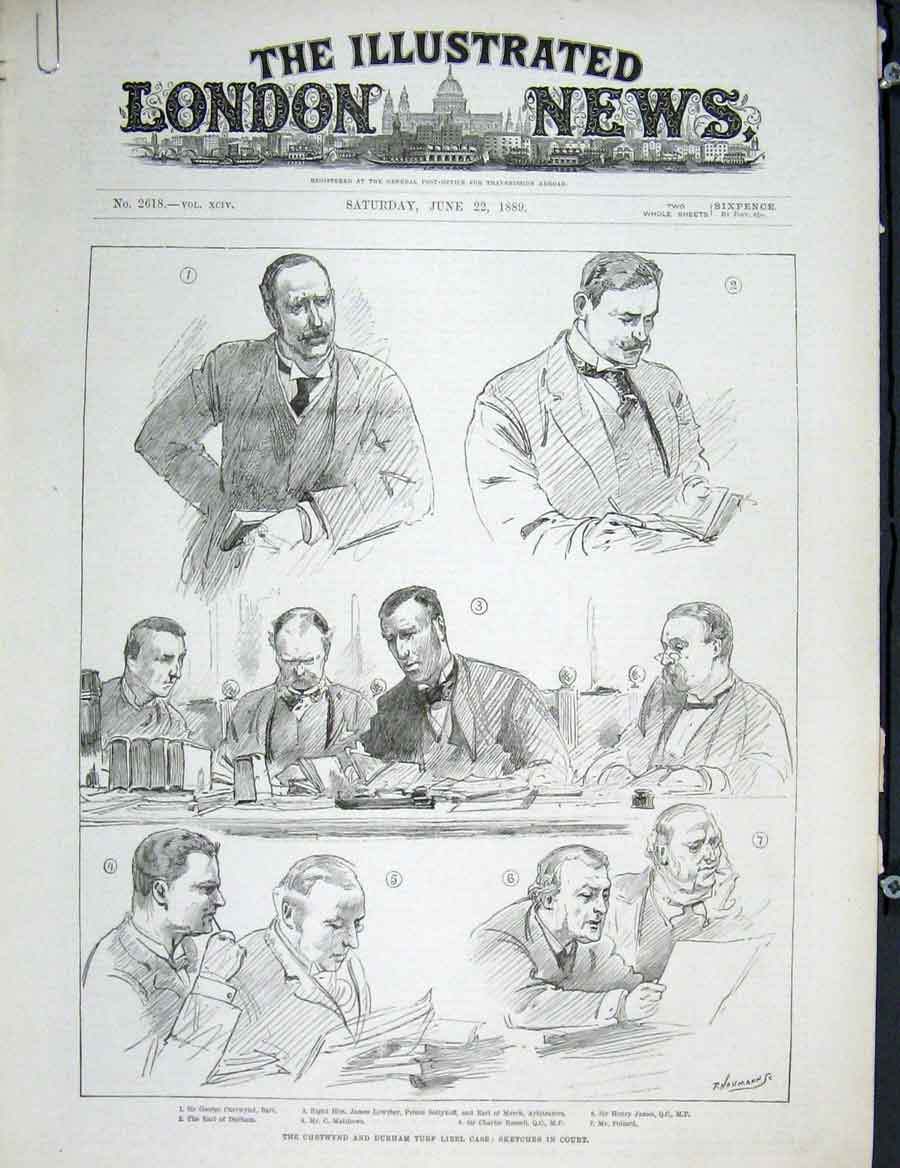 Original Old Antique Print Chetwynd Durham Turf Libel Court Sketch