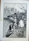 Original Old Antique Print River Caffieri Dogs Boats Fine Art 1889 Victorian