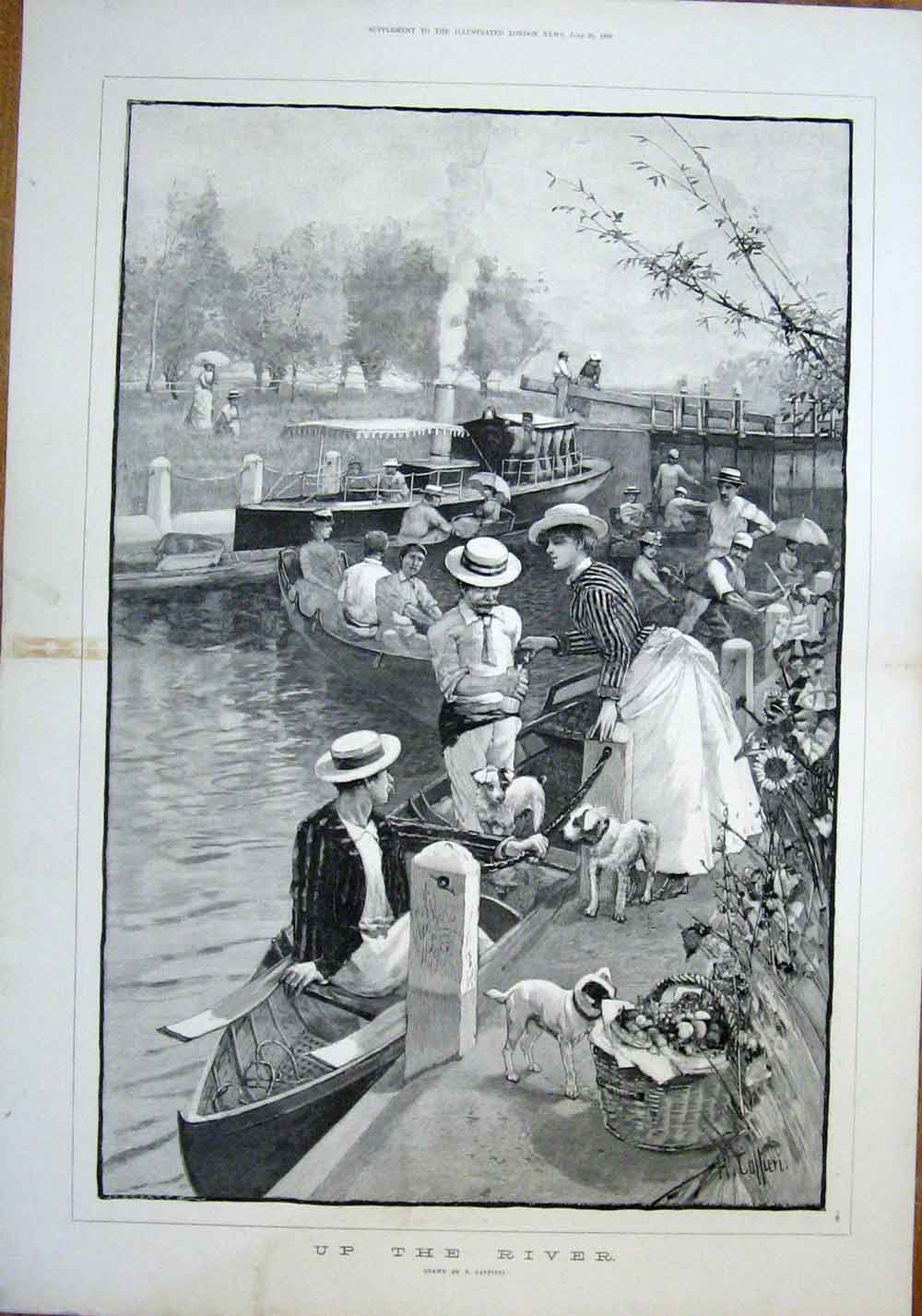 Original Old Antique Print River Caffieri Dogs Boats Fine Art 1889 Victorian