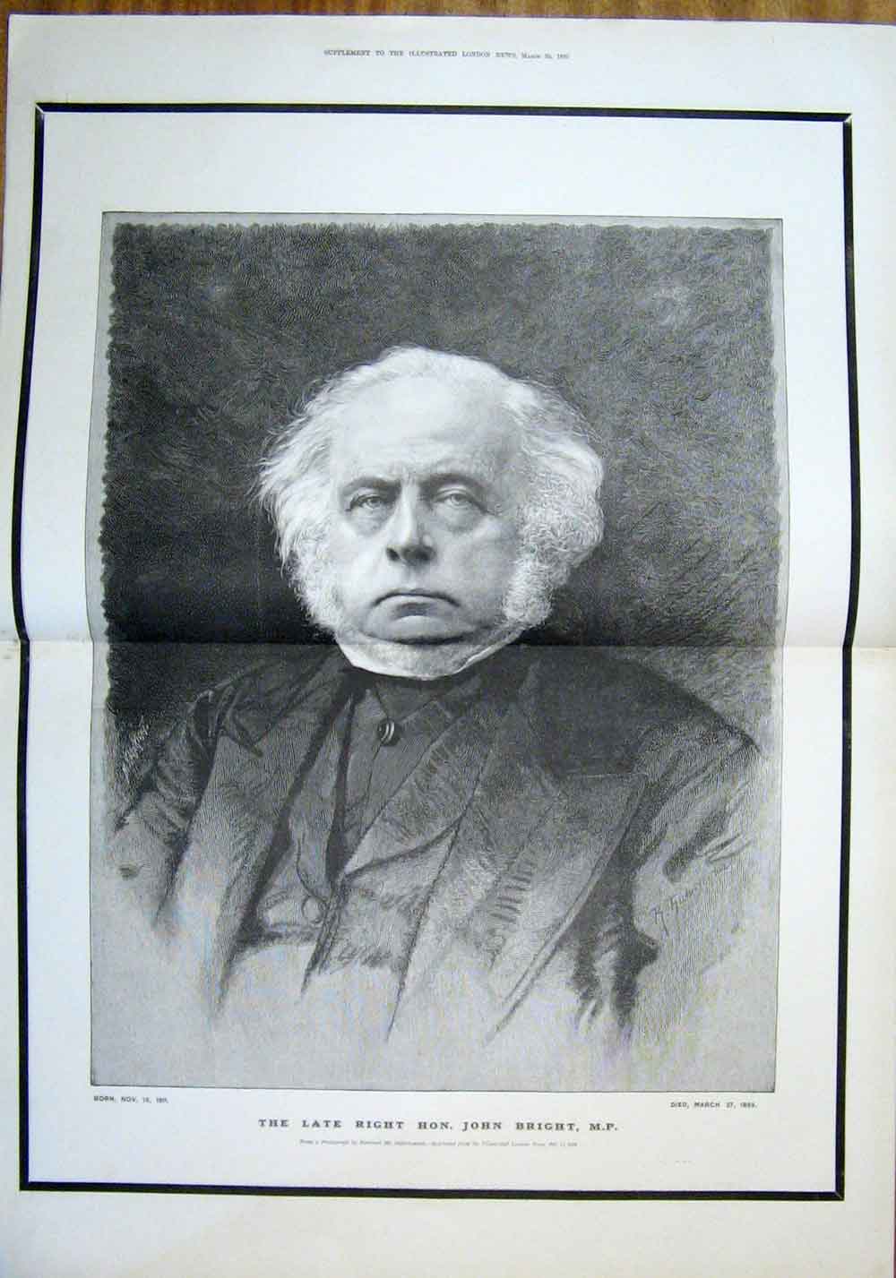 Original Old Antique Print John Bright Barraud 1889 Portrait 19th