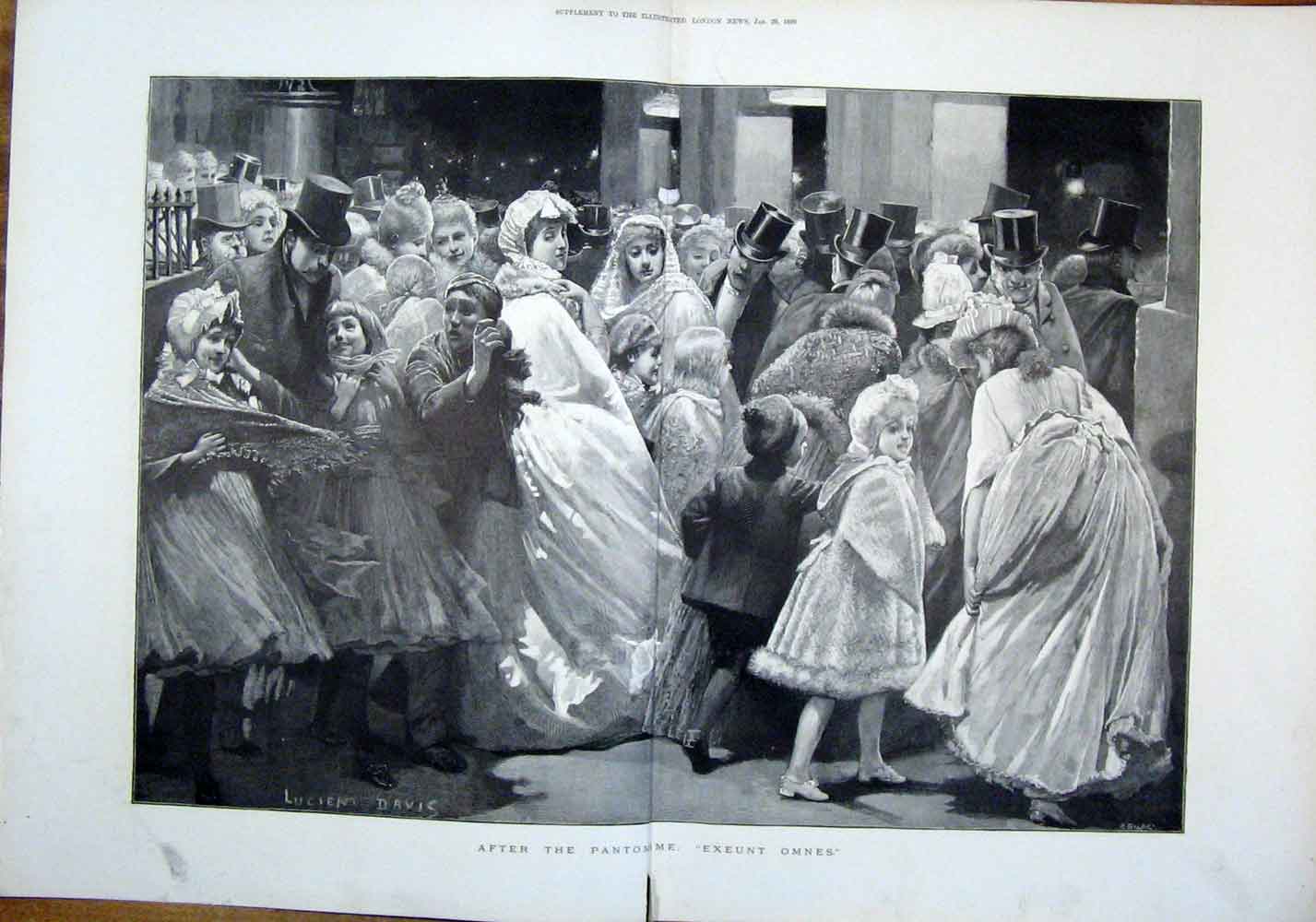 Original Old Antique Print Pantomime Exeunt Omnes Davis Theatre 1889 Victorian