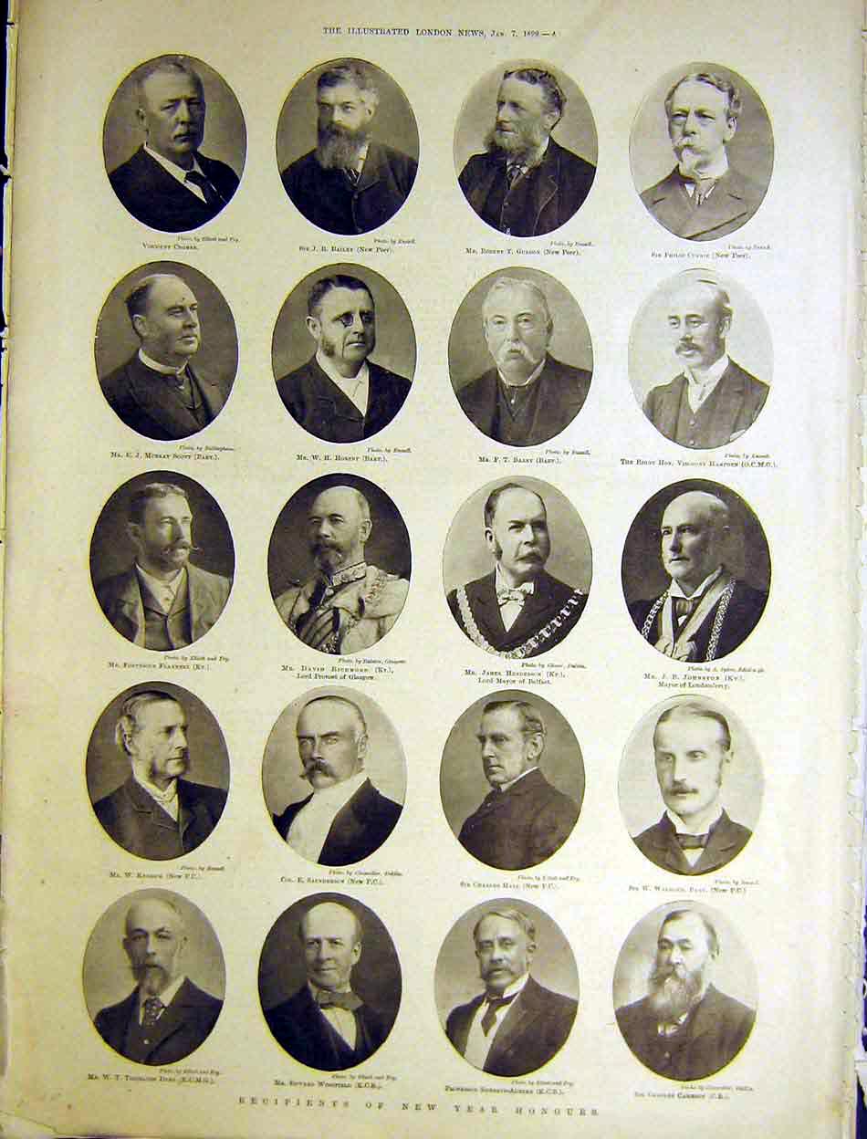Original Old Antique Print Portrait New Year Honours Recipients 1899 Victorian