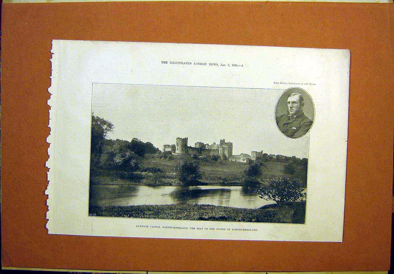 Original Old Antique Print Alnwick Castle Northumberland Earl Percy 1899 19th