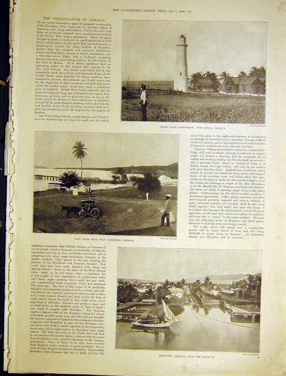 Original Old Antique Print Lighthouse Jamaica Kingston Ball Lady Man Fan 1899