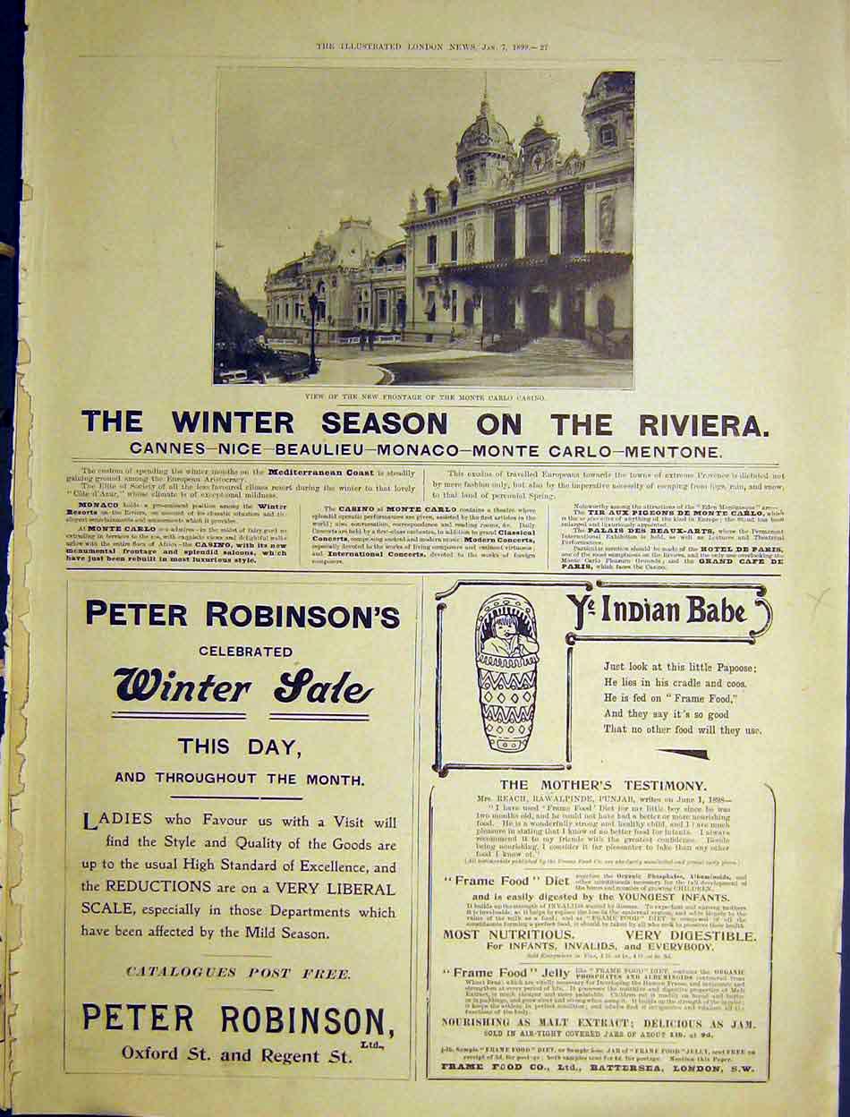 Original Old Antique Print Riviera Monte Carlo Casino Monaco Advert 1899 19th