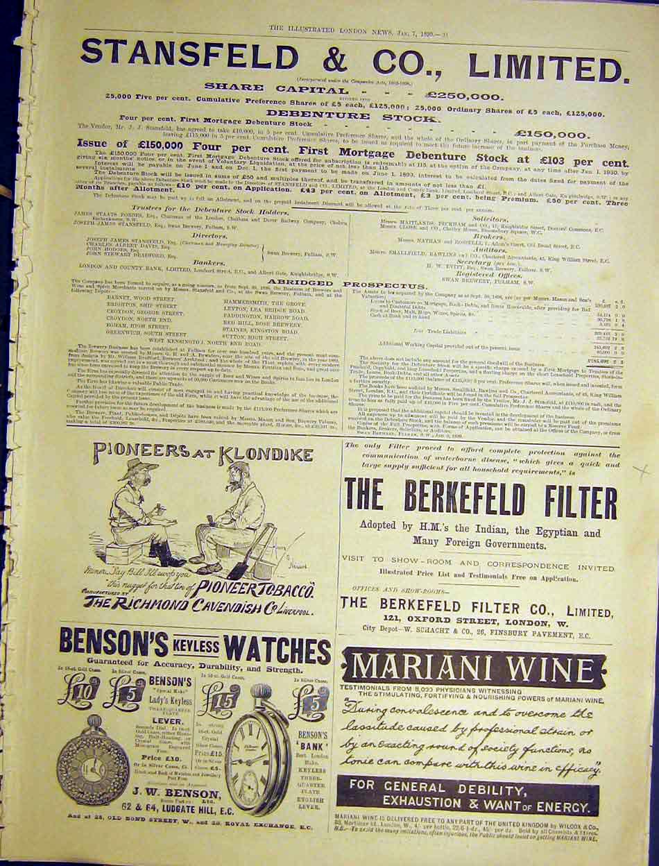 Original Old Antique Print Stansfield Limited Share Capital Prospectus 1899 19th