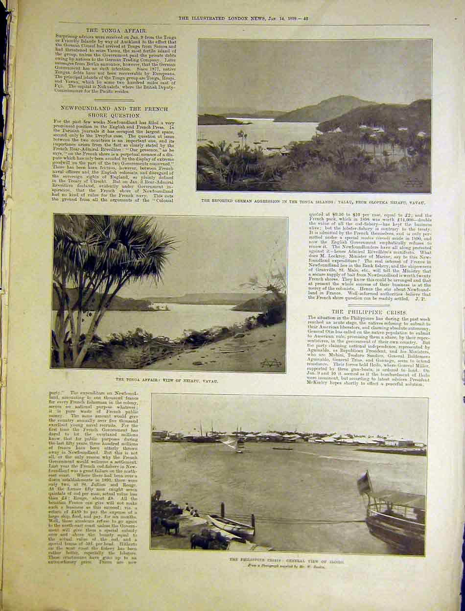Original Old Antique Print Tonga Islands Talau Neiafu Philippine Iloilo 1899