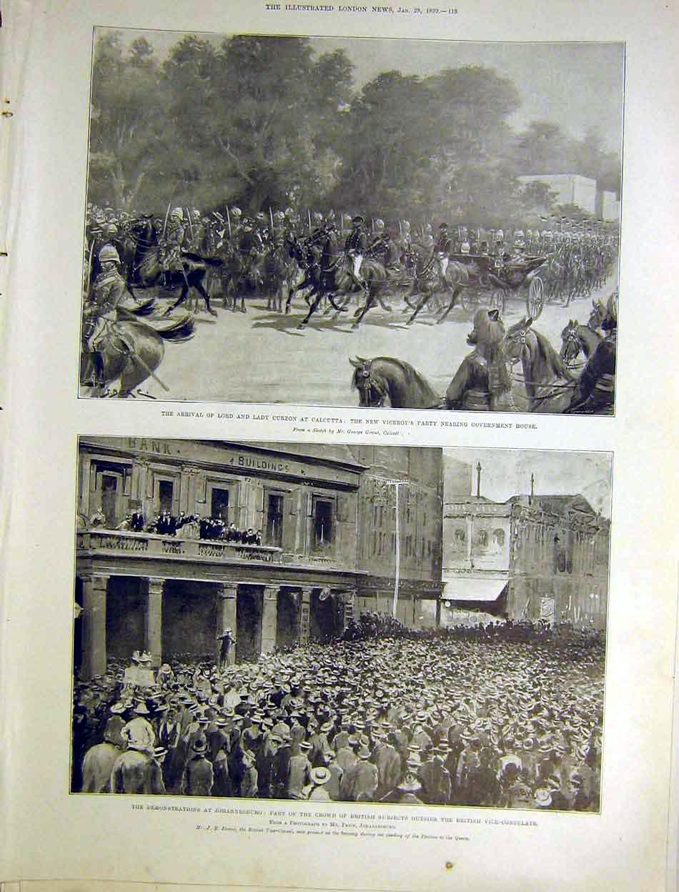 Original Old Antique Print Calcutta Curzon Johannesburg Demonstrations 1899 19th