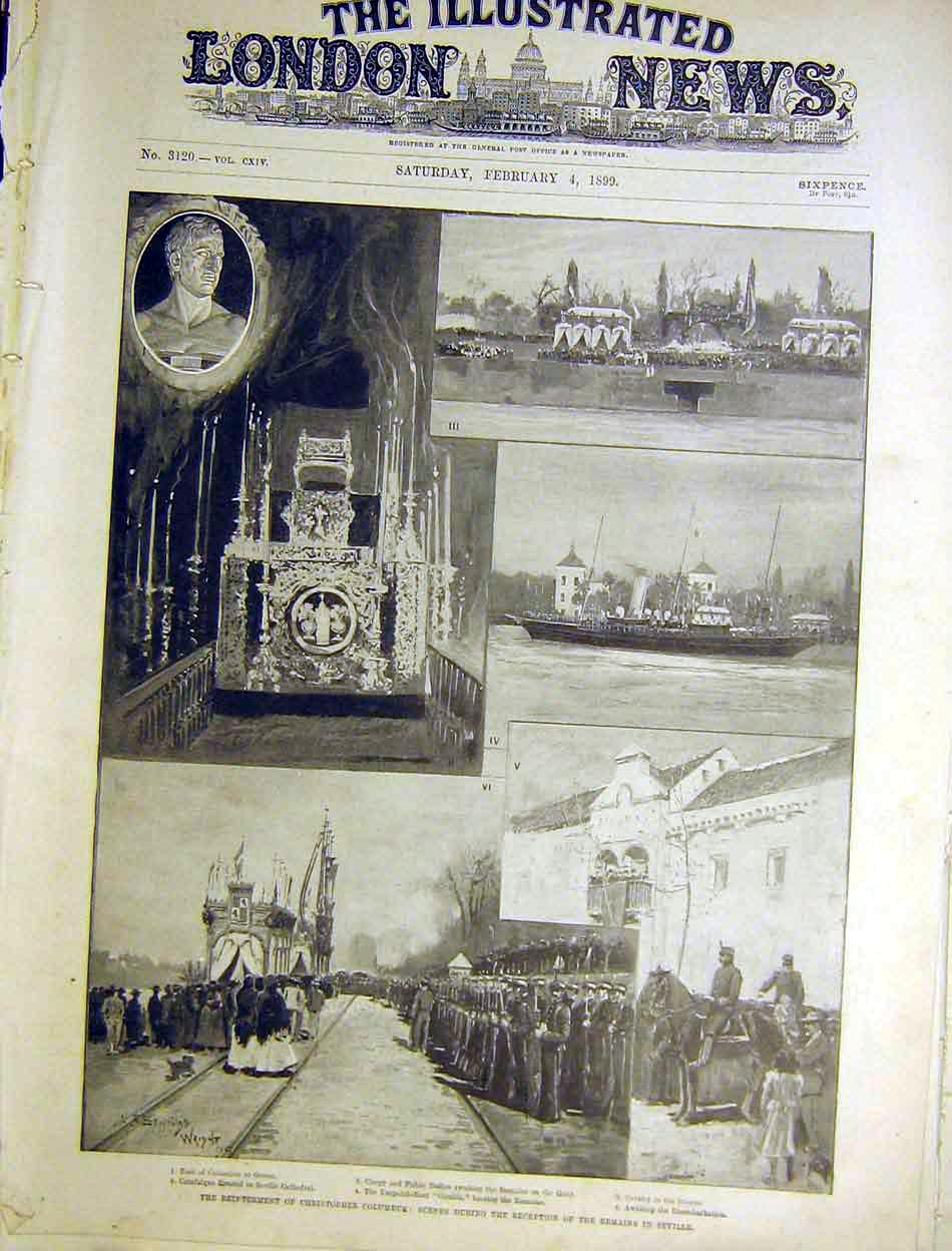 Original Old Antique Print Reinterment Columbus Seville Cathedral 1899 Victorian