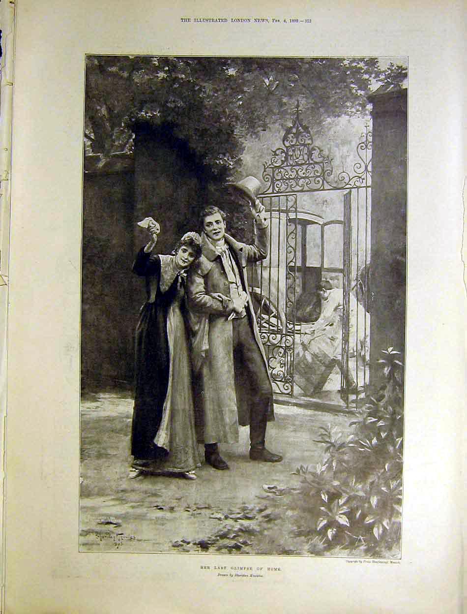 Original Old Antique Print Knolwes Art 1899 Her Last Glimpse Home Lady Farewell